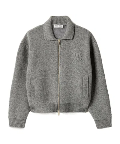 Miu Miu Shetland Wool And Cashmere Zipper Cardigan In Gray