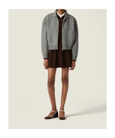 Miu Miu Shetland Wool And Cashmere Zipper Cardigan In Gray