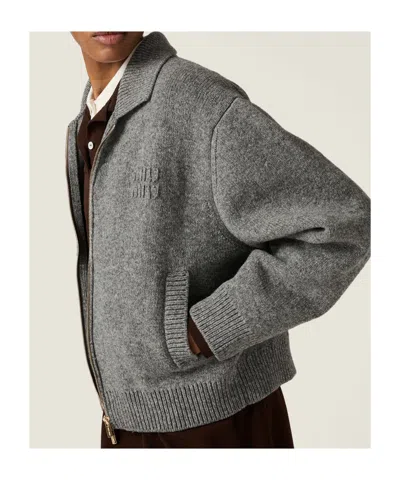 Miu Miu Shetland Wool And Cashmere Zipper Cardigan In Gray