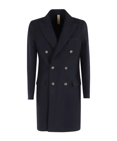 Eleventy Double-breasted Long Coat And Pockets In Blue