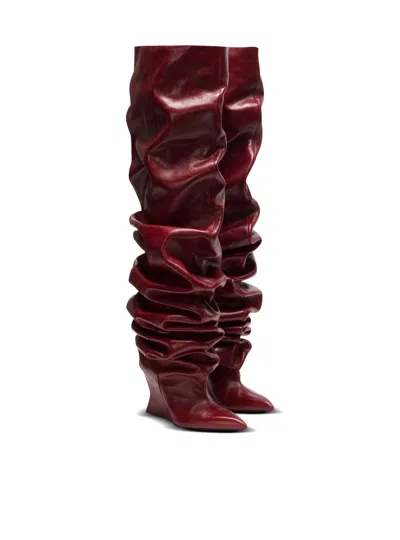 Balmain 95mm Calfskin Ruched Wedge Over-the-knee Boots In Burgundy