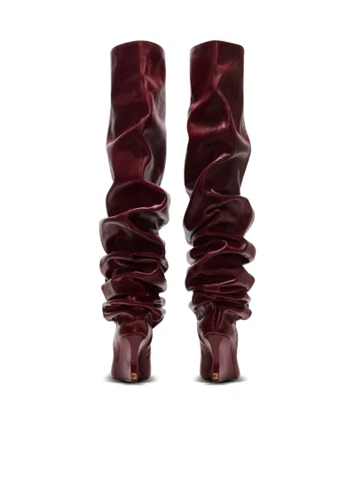 Balmain 95mm Calfskin Ruched Wedge Over-the-knee Boots In Burgundy