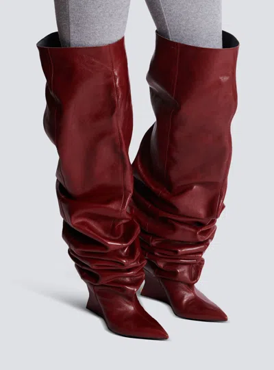Balmain 95mm Calfskin Ruched Wedge Over-the-knee Boots In Burgundy