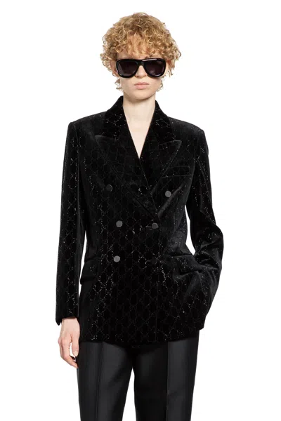 Gucci Double-breasted Velvet Coat Featuring Embroidery In Black