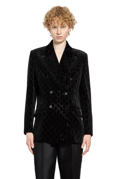 Gucci Double-breasted Velvet Coat Featuring Embroidery In Black