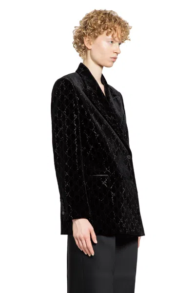 Gucci Double-breasted Velvet Coat Featuring Embroidery In Black