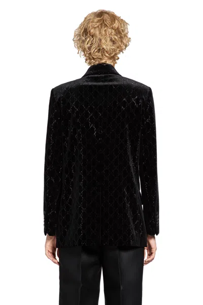 Gucci Double-breasted Velvet Coat Featuring Embroidery In Black