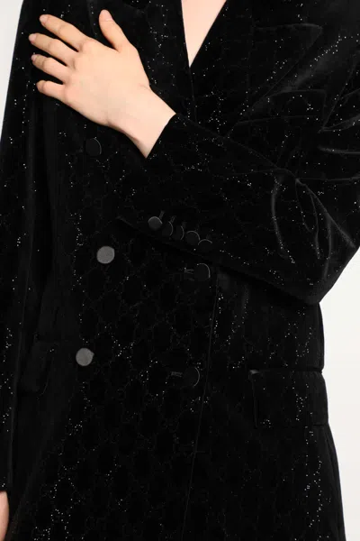 Gucci Double-breasted Velvet Coat Featuring Embroidery In Black