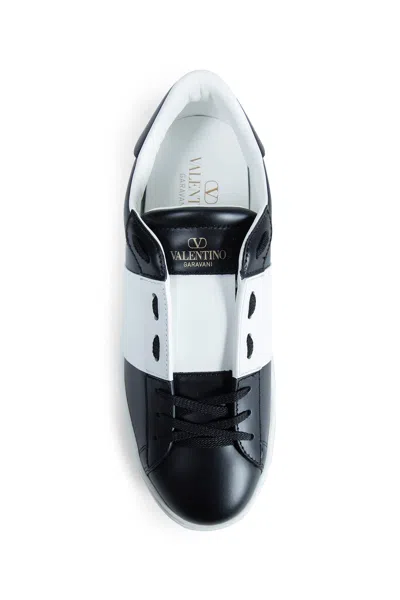 Valentino Garavani Black Leather Open Sneakers With White Band In Multi