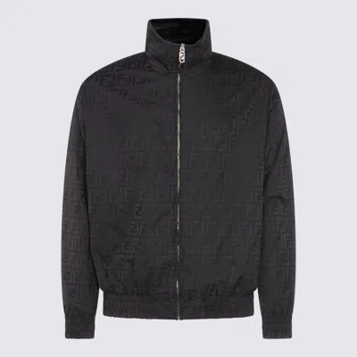 Fendi Men Black Jacket With High Neck And All-over Ff Motif In Tech Fabric Man In Black