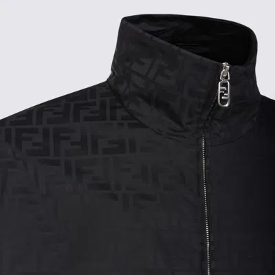 Fendi Men Black Jacket With High Neck And All-over Ff Motif In Tech Fabric Man In Black