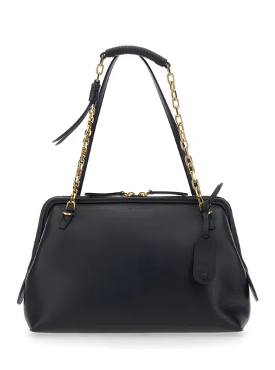 Etro Black Shoulder Bag With Chain-link Shoulder Strap And Tag With Embossed Logo On The Front In Leather In Black