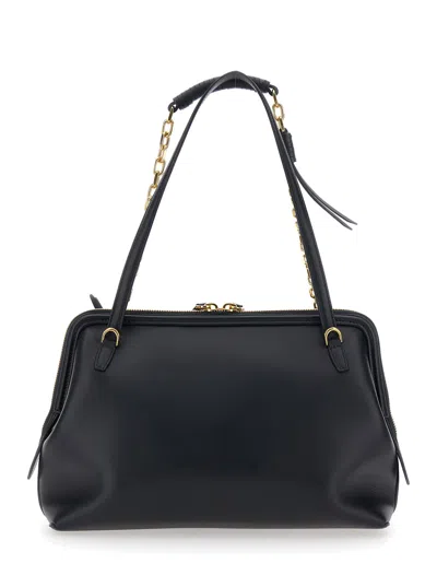 Etro Black Shoulder Bag With Chain-link Shoulder Strap And Tag With Embossed Logo On The Front In Leather In Black