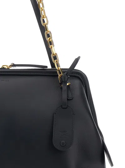 Etro Black Shoulder Bag With Chain-link Shoulder Strap And Tag With Embossed Logo On The Front In Leather In Black