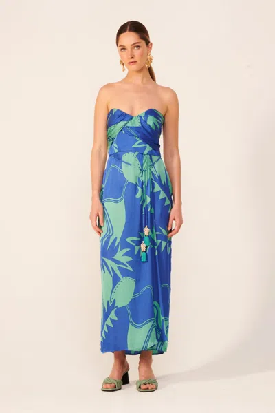 Poupette St Barth Collina Printed Strapless Midi Dress In Blue