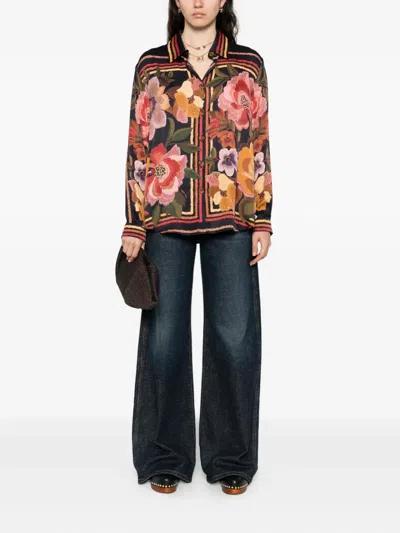 Farm Rio Chenille Flowers Long-sleeve Buttondown Blouse In Black