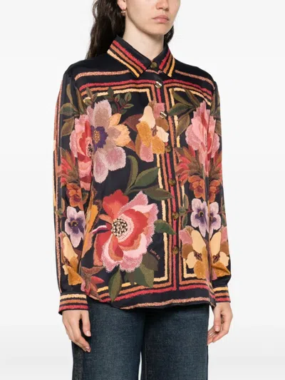Farm Rio Chenille Flowers Long-sleeve Buttondown Blouse In Black