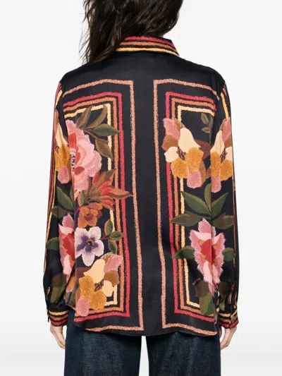 Farm Rio Chenille Flowers Long-sleeve Buttondown Blouse In Black