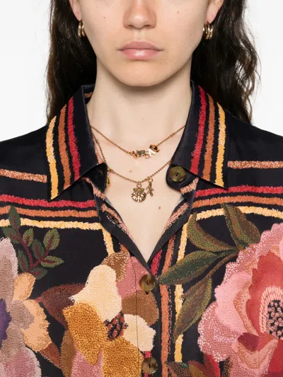 Farm Rio Chenille Flowers Long-sleeve Buttondown Blouse In Black