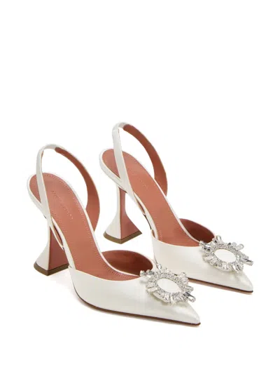 Amina Muaddi Rosie Leather Crystal Bow Slingback Pumps In White