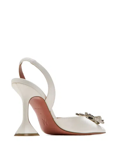 Amina Muaddi Rosie Leather Crystal Bow Slingback Pumps In White