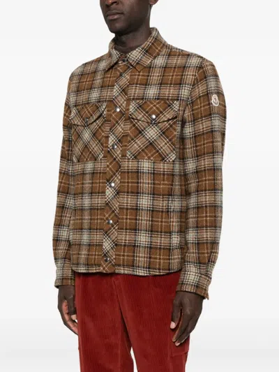 Moncler Checked Virgin Wool Overshirt In Brown