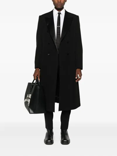 Emporio Armani Double-breasted Long Coat Satin Lapels In Black