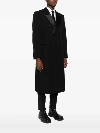 Emporio Armani Double-breasted Long Coat Satin Lapels In Black