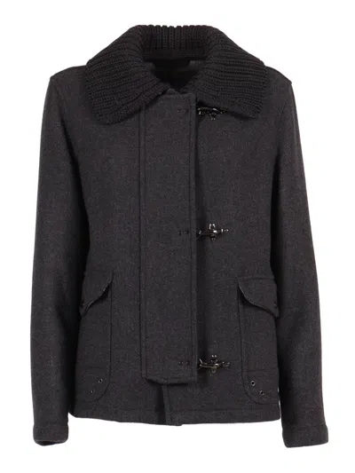 Fay Three-hook Wool Jacket With Removable Ribbed Collar And Iconic Closure In Black