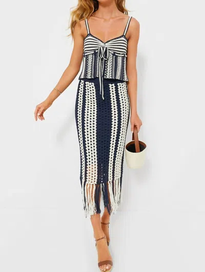 Moon River Stripe Fringe Crochet Midi Skirt In Navy/ivory In Multi