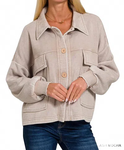 Zenana Acid Wash Fleece Cropped Shacket With Front Pockets In Ash Mocha In Red