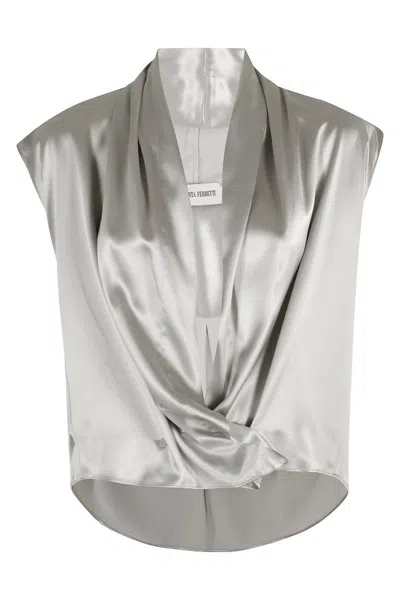 Alberta Ferretti Shiny Satin Blouse With Draped Revers In White