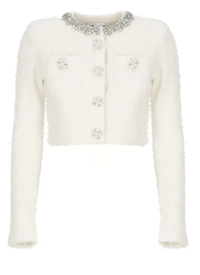 Self-portrait White Crewneck Cropped Cardigan With Crystal Embellishments On The Collar In Cotton Blend Woman In White
