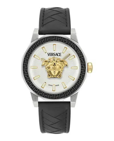Versace Medusa Deco Leather Watch In Black