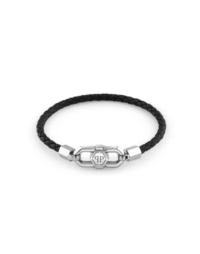 Philipp Plein Leather Stainless Steel Bracelet Plein Edge In Black