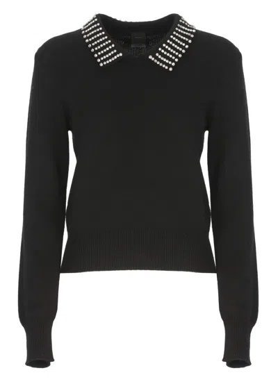 Pinko Black Polo Shirt With Crystal-decorated Collar And Logo Patch On The Back In Cashmere Woman In Black