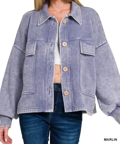 Zenana Acid Wash Fleece Cropped Shacket With Front Pockets In Marlin In Blue