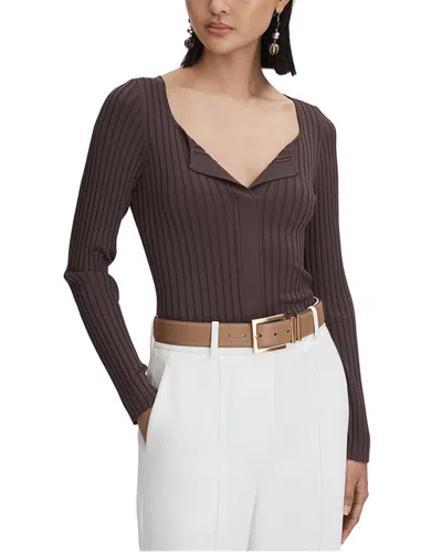 Reiss Burgundy Ribbed Open Collar Top In Brown
