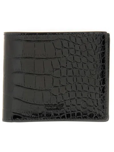 Tom Ford Textured Leather Bifold Wallet With Crocodile Pattern In Black