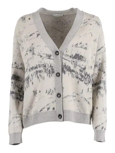 Ballantyne Fine Knit V-neck Cardigan With Button-down Front In Gray