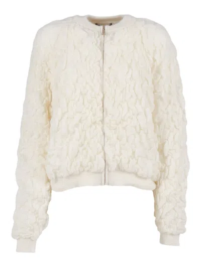 Fabiana Filippi Mohair Bomber Jacket With Embossed Butter-colored Workmanship In White