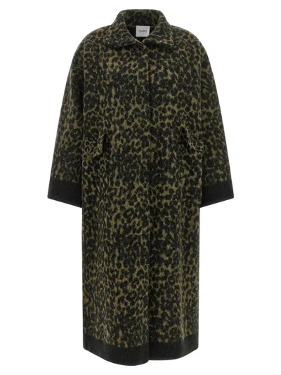 Nude Long Animal Print Wool Blend Coat In Black