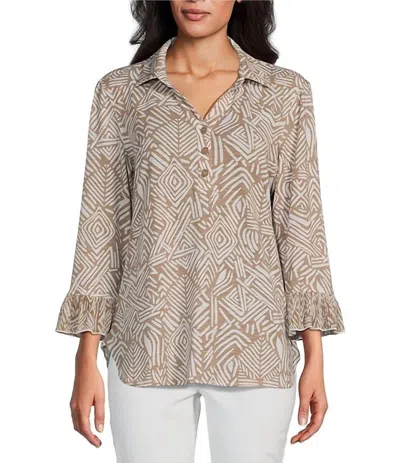 Multiples Open Neck Button Shirt In Beige In Brown