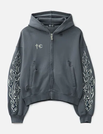 Thug Club Leather Flame Zip-up Sweatshirt In Gray