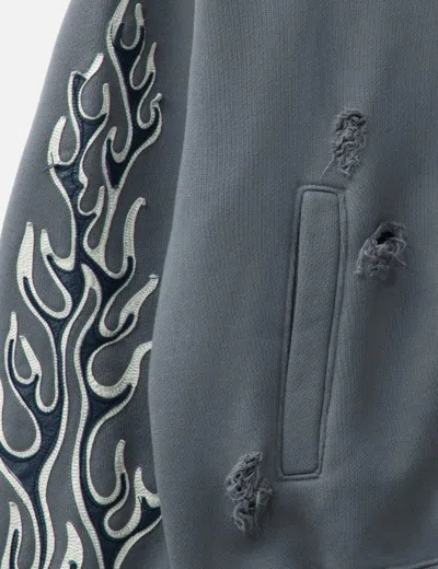 Thug Club Leather Flame Zip-up Sweatshirt In Gray