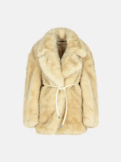 Sportmax 'rosaria' Beige Faux Fur Belted Jacket In Neutral