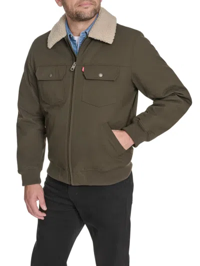 Levi's Men's Faux Shearling Collar Bomber Jacket In Green