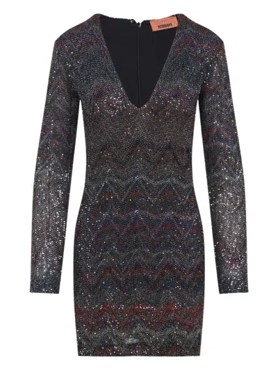 Missoni Zigzag Sequined Dress With Deep V-neckline In Black