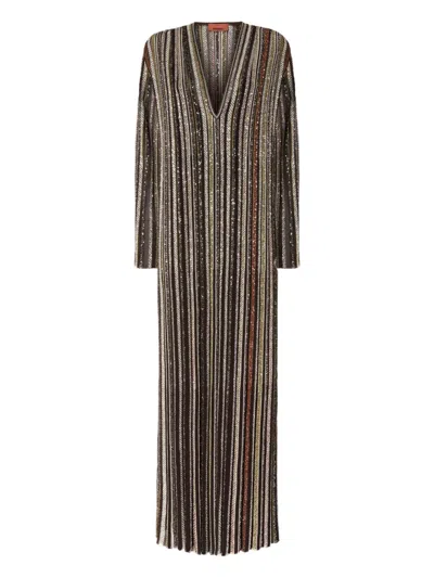 Missoni Long Dress With V-neck And Herringbone Stripe Knit In Multi