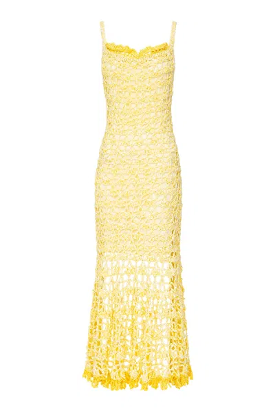 Andreeva Butter Yellow Chrysanthemum Midi Handmade Crochet Dress